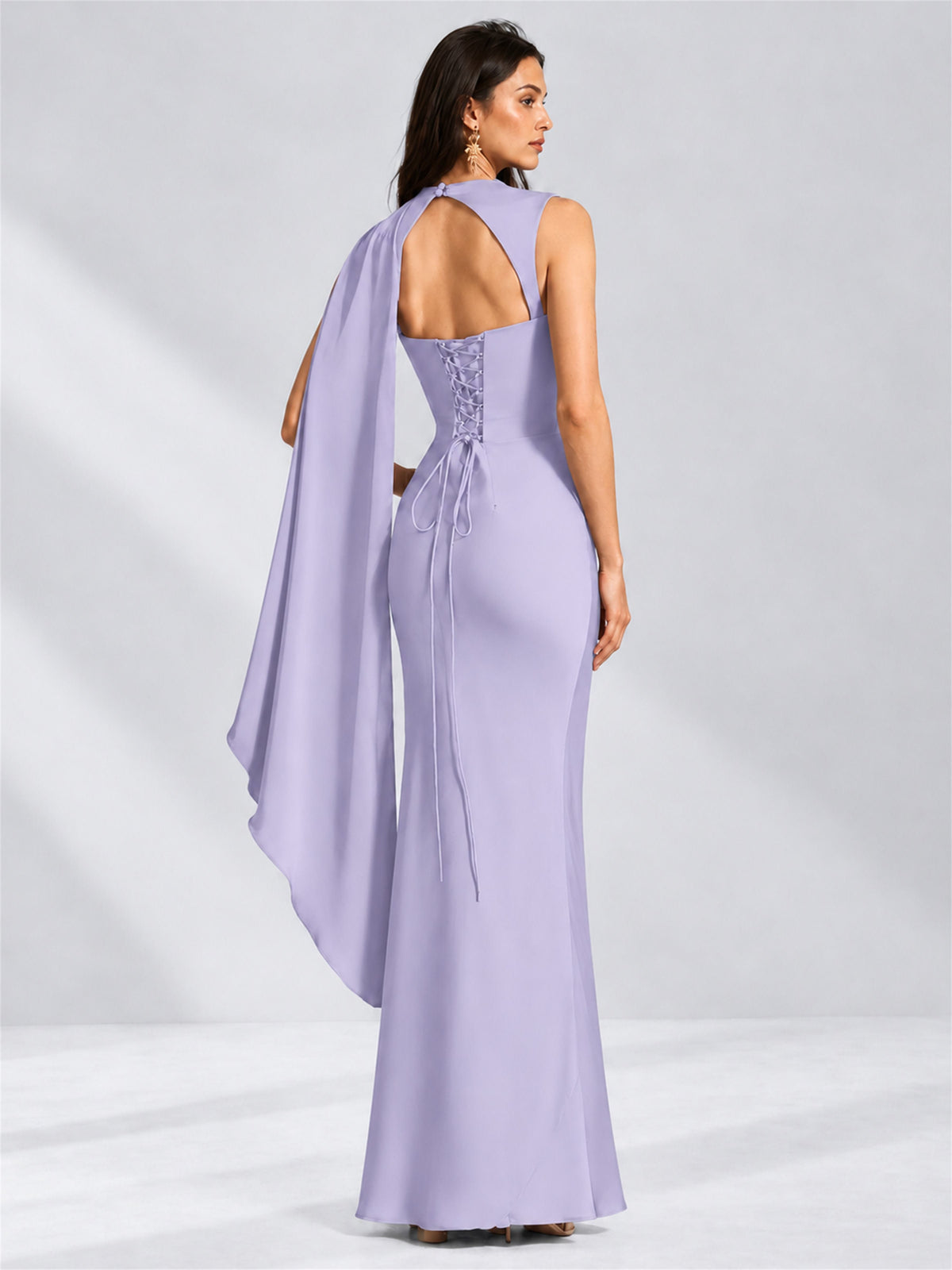 High Neck Mermaid Satin Lace Up Back Wedding Guest Dress with Cape