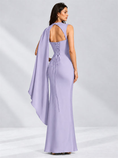 High Neck Mermaid Satin Lace Up Back Wedding Guest Dress with Cape
