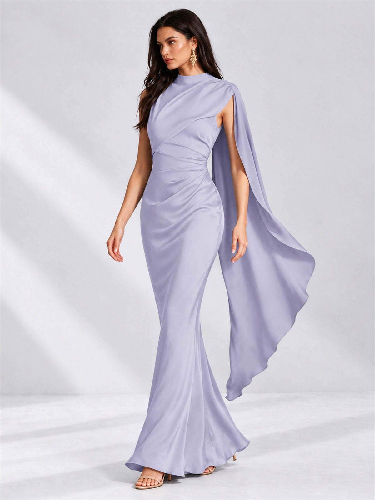 High Neck Mermaid Satin Lace Up Back Wedding Guest Dress with Cape