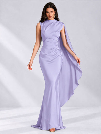High Neck Mermaid Satin Lace Up Back Wedding Guest Dress with Cape