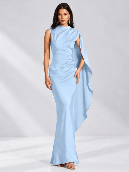 High Neck Mermaid Satin Lace Up Back Wedding Guest Dress with Cape