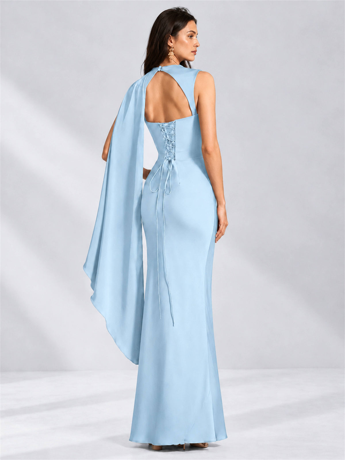 High Neck Mermaid Satin Lace Up Back Wedding Guest Dress with Cape