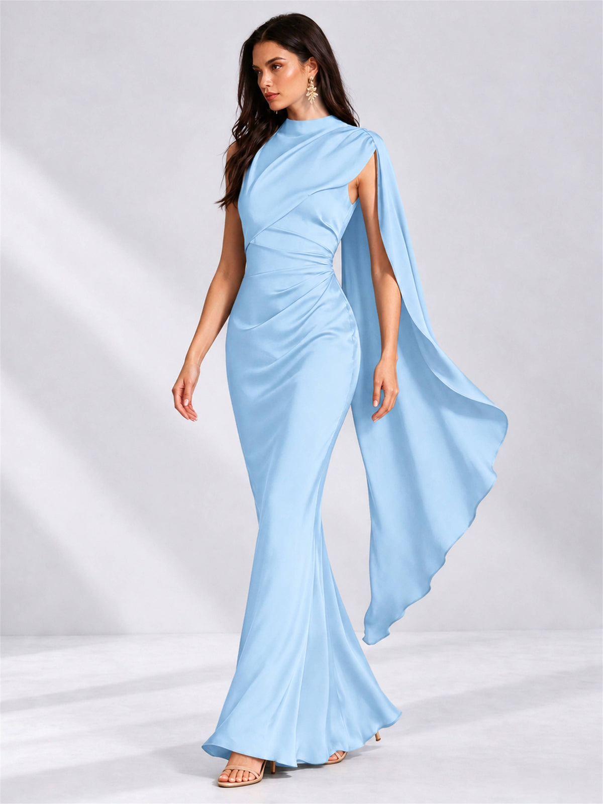 High Neck Mermaid Satin Lace Up Back Wedding Guest Dress with Cape