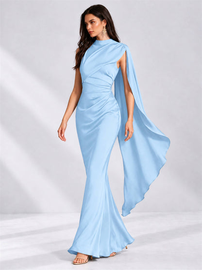 High Neck Mermaid Satin Lace Up Back Wedding Guest Dress with Cape