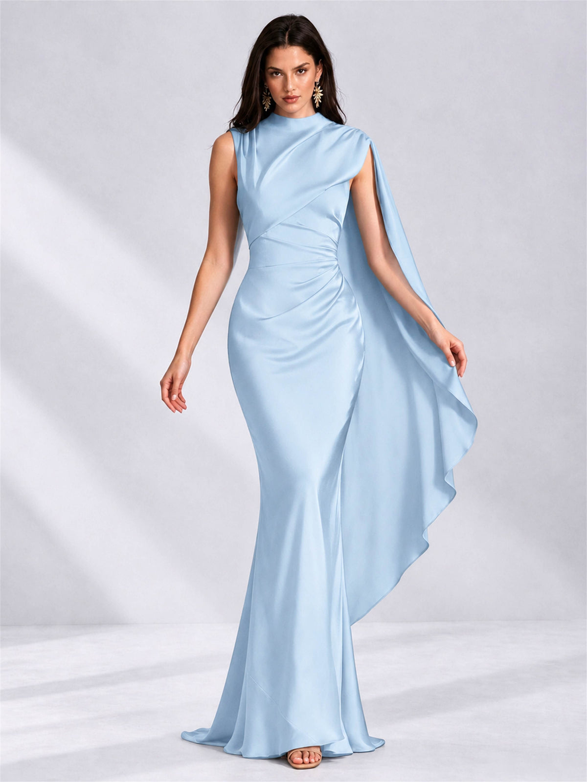 High Neck Mermaid Satin Lace Up Back Wedding Guest Dress with Cape