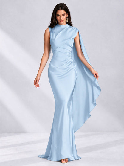 High Neck Mermaid Satin Lace Up Back Wedding Guest Dress with Cape