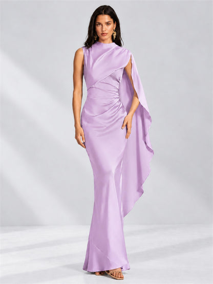 High Neck Mermaid Satin Lace Up Back Wedding Guest Dress with Cape