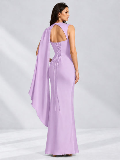 High Neck Mermaid Satin Lace Up Back Wedding Guest Dress with Cape