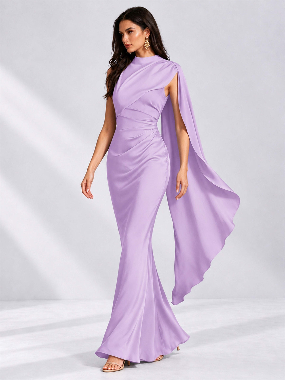 High Neck Mermaid Satin Lace Up Back Wedding Guest Dress with Cape