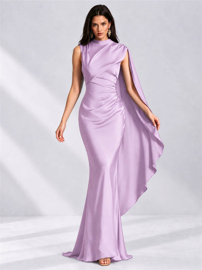High Neck Mermaid Satin Lace Up Back Wedding Guest Dress with Cape