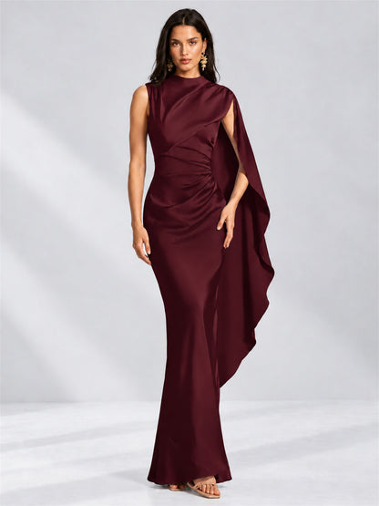 High Neck Mermaid Satin Lace Up Back Wedding Guest Dress with Cape