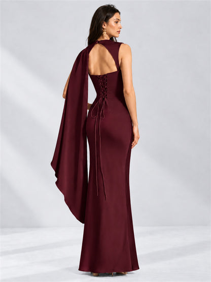 High Neck Mermaid Satin Lace Up Back Wedding Guest Dress with Cape