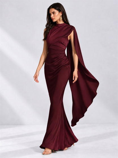 High Neck Mermaid Satin Lace Up Back Wedding Guest Dress with Cape