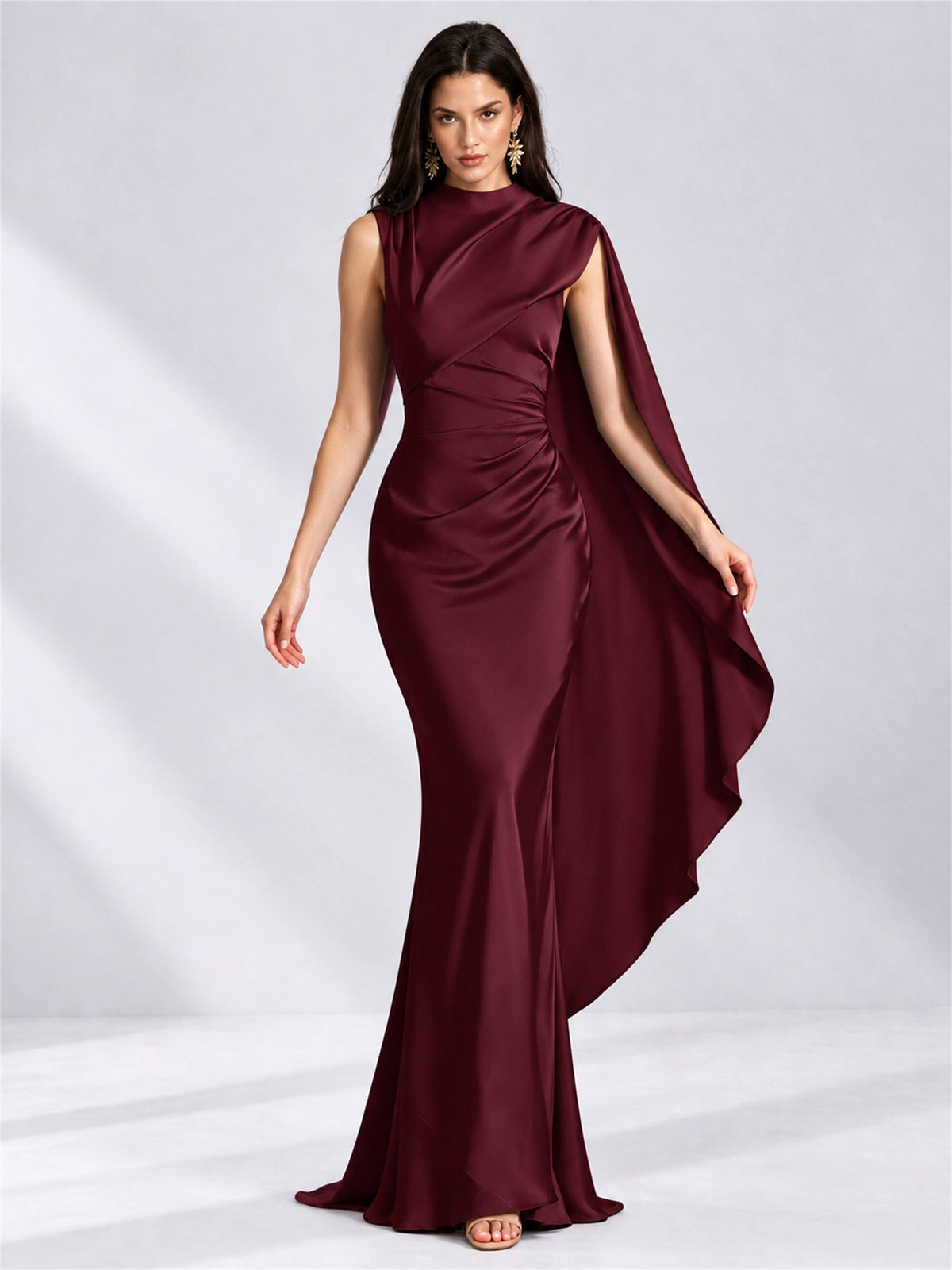 High Neck Mermaid Satin Lace Up Back Wedding Guest Dress with Cape