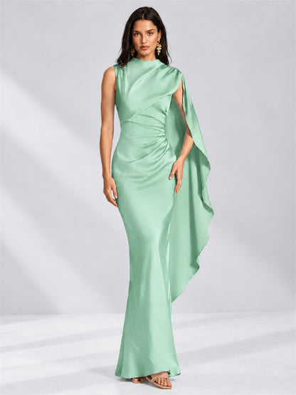High Neck Mermaid Satin Lace Up Back Wedding Guest Dress with Cape