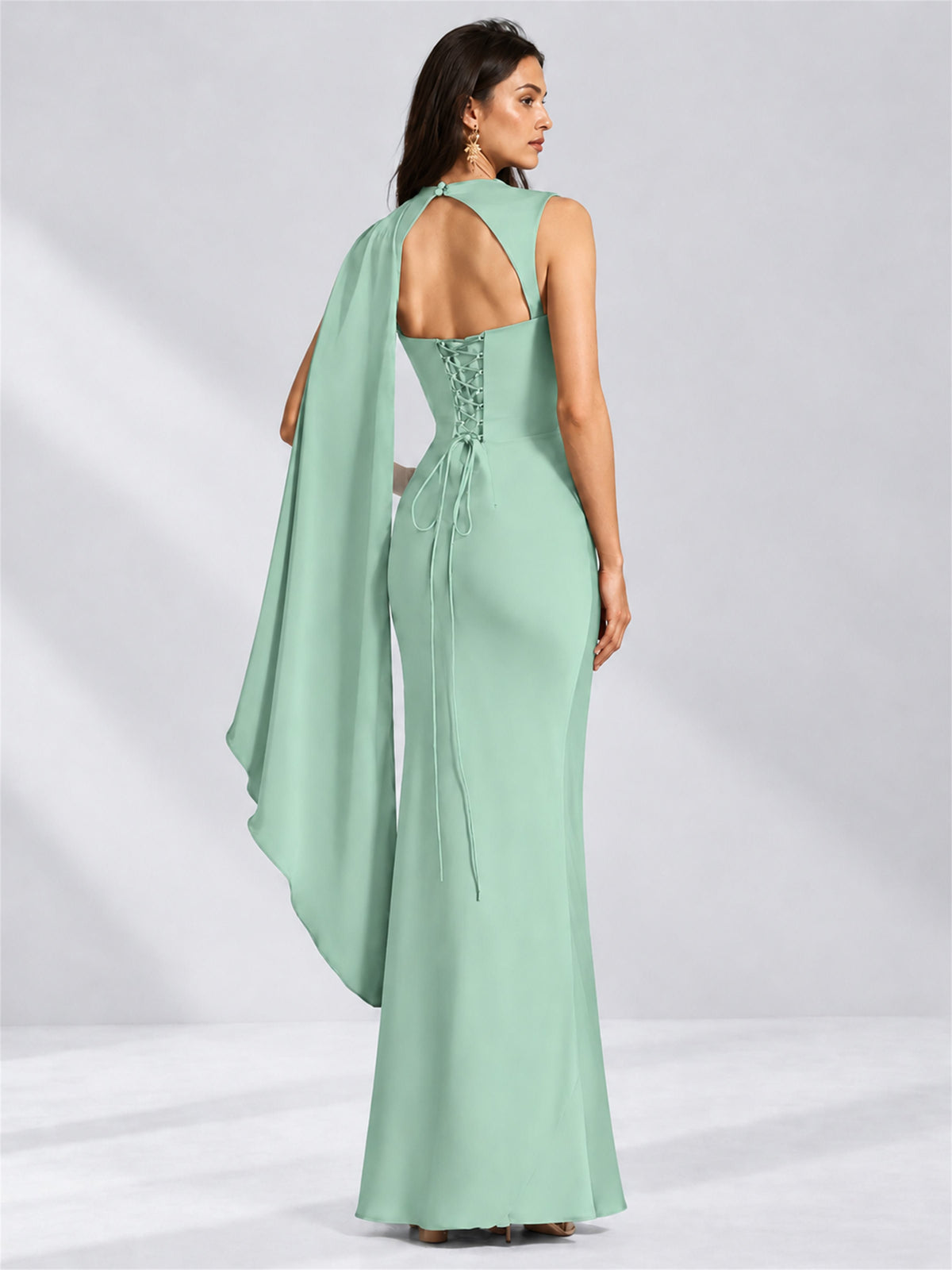 High Neck Mermaid Satin Lace Up Back Wedding Guest Dress with Cape