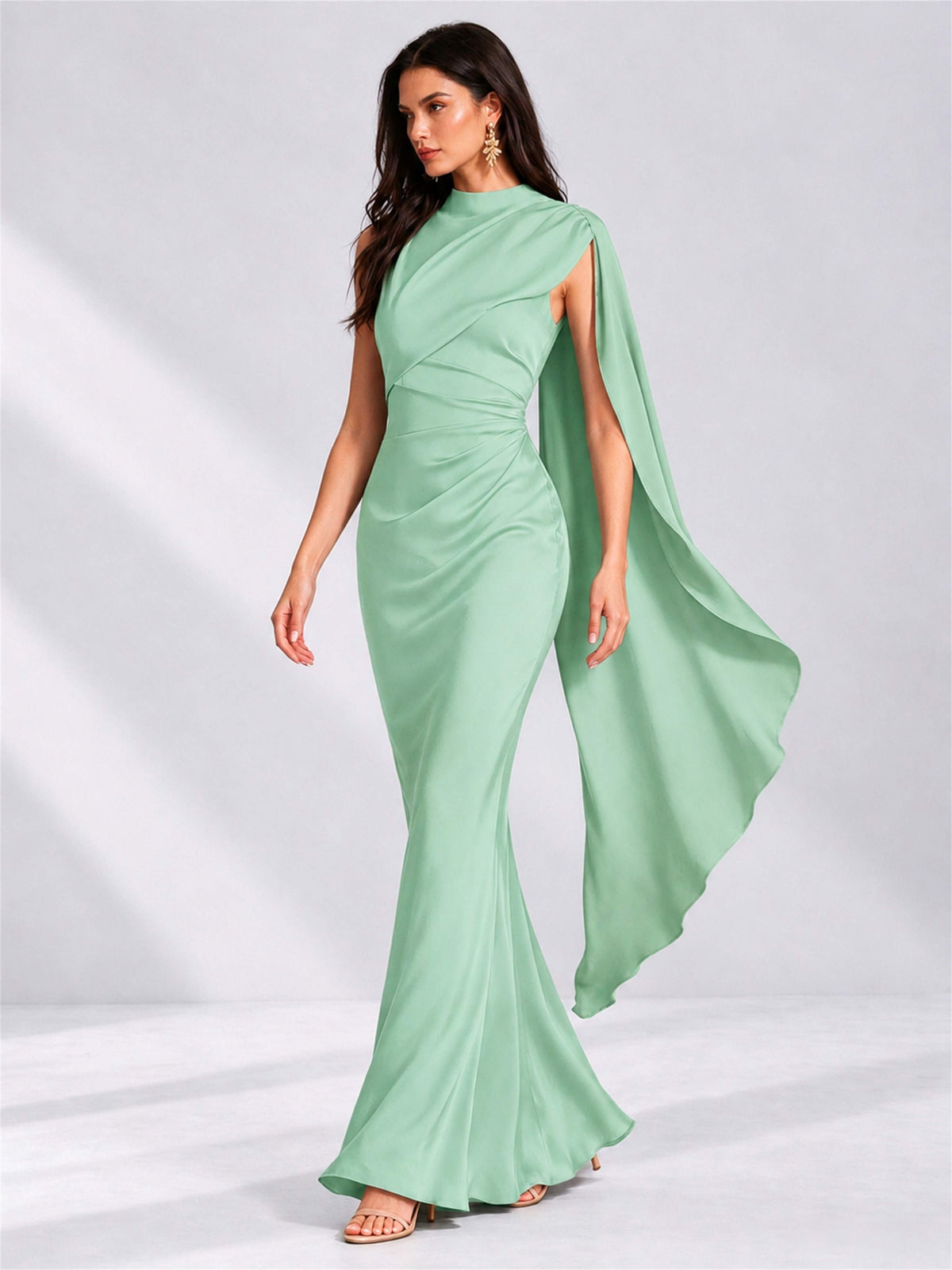 High Neck Mermaid Satin Lace Up Back Wedding Guest Dress with Cape
