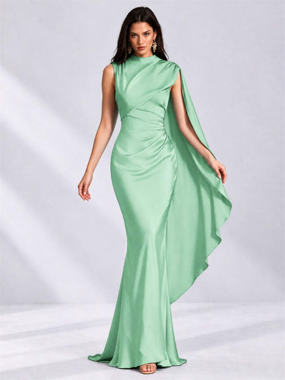 High Neck Mermaid Satin Lace Up Back Wedding Guest Dress with Cape