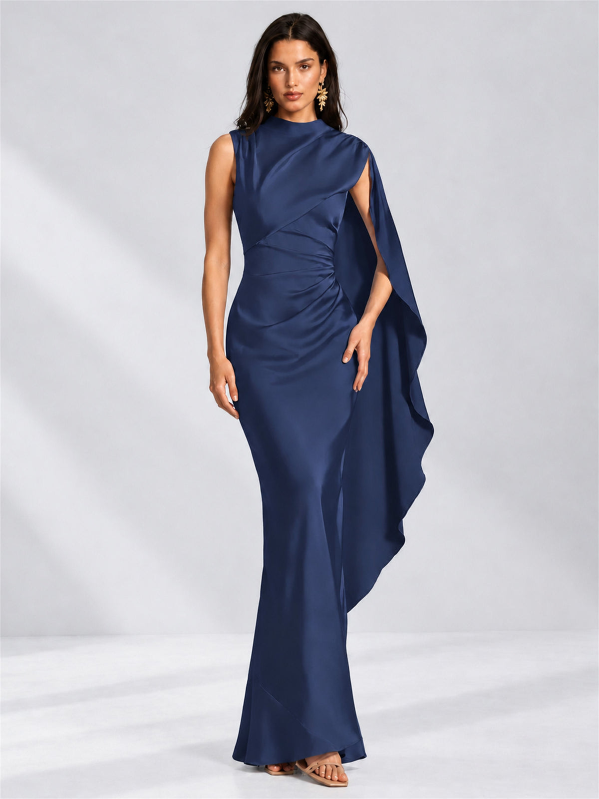 High Neck Mermaid Satin Lace Up Back Wedding Guest Dress with Cape
