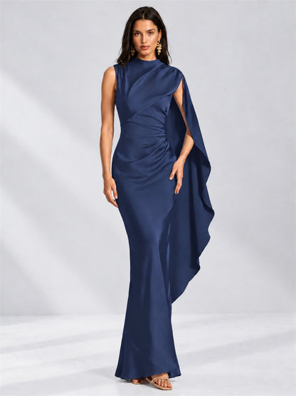 High Neck Mermaid Satin Lace Up Back Wedding Guest Dress with Cape