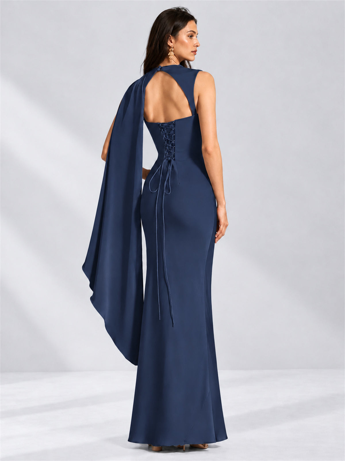High Neck Mermaid Satin Lace Up Back Wedding Guest Dress with Cape