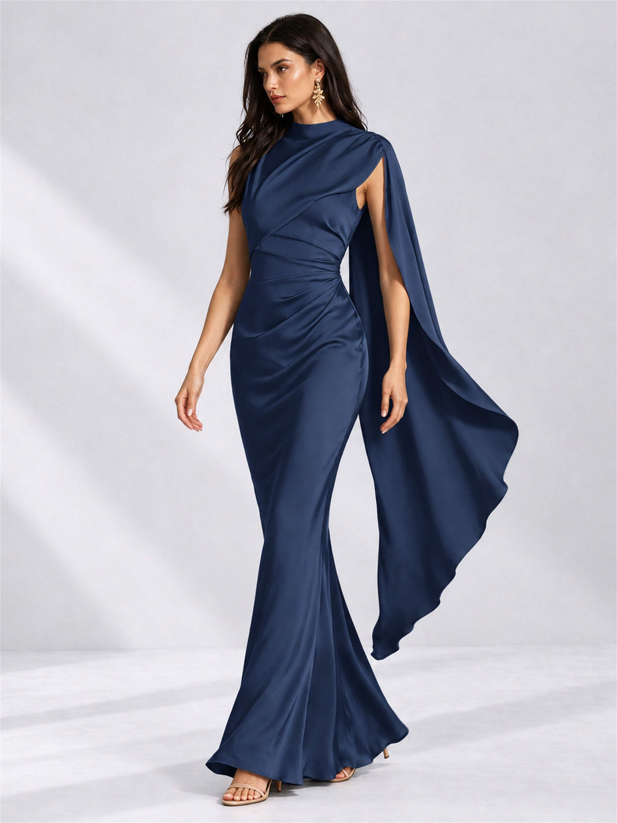 High Neck Mermaid Satin Lace Up Back Wedding Guest Dress with Cape