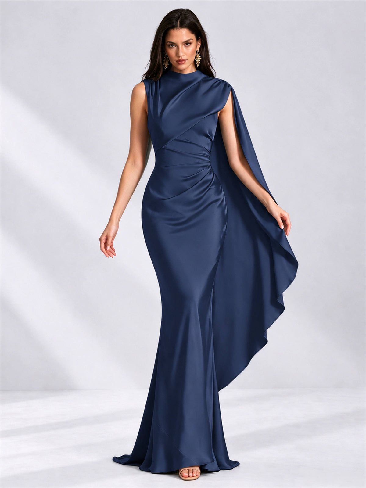 High Neck Mermaid Satin Lace Up Back Wedding Guest Dress with Cape