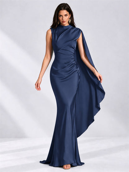 High Neck Mermaid Satin Lace Up Back Wedding Guest Dress with Cape
