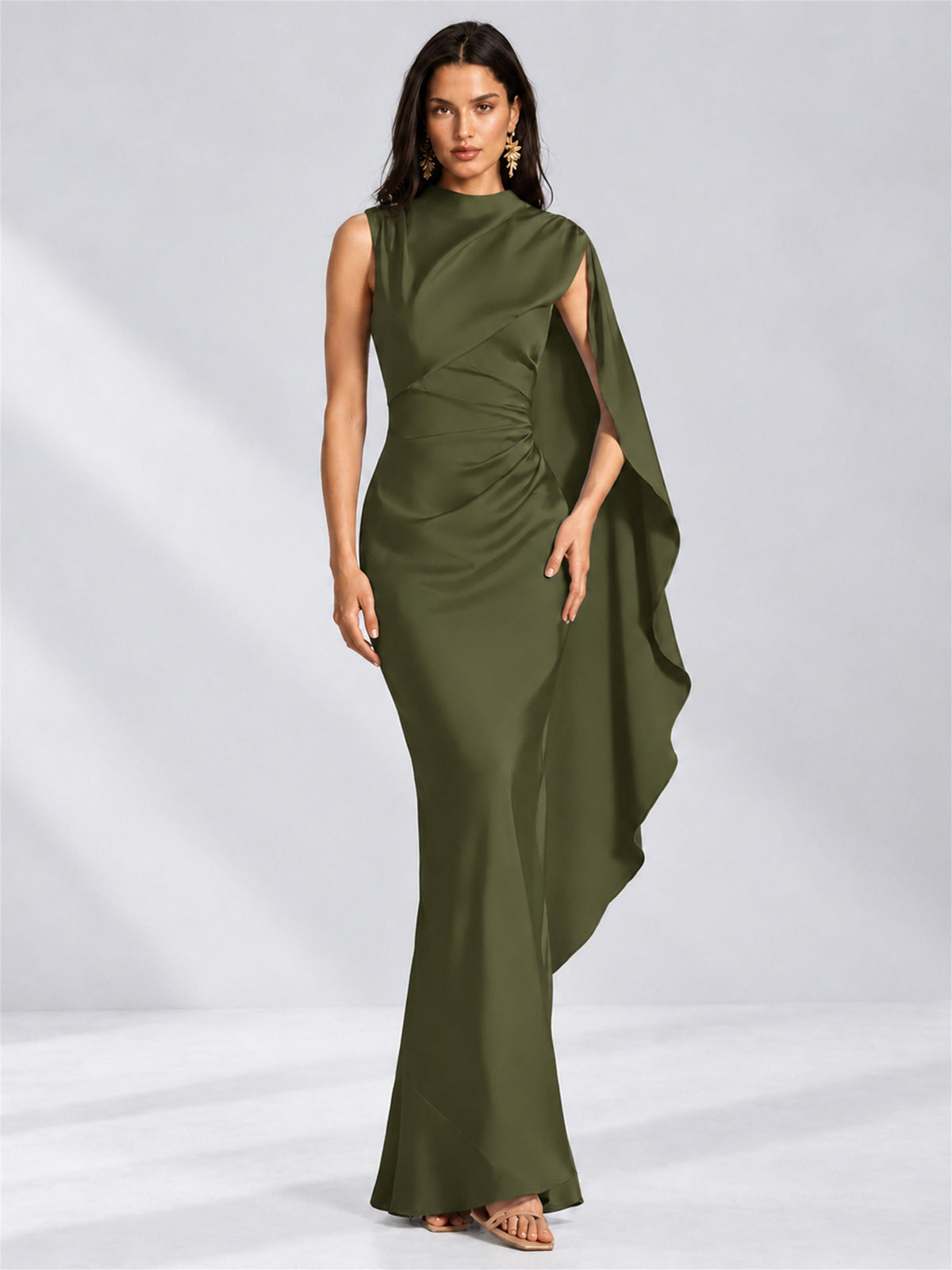 High Neck Mermaid Satin Lace Up Back Wedding Guest Dress with Cape