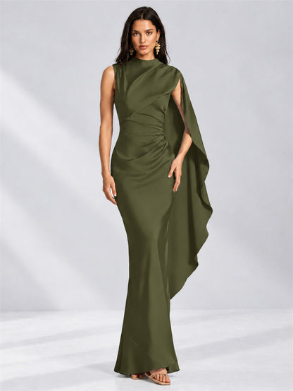 High Neck Mermaid Satin Lace Up Back Wedding Guest Dress with Cape