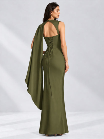 High Neck Mermaid Satin Lace Up Back Wedding Guest Dress with Cape