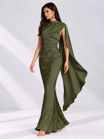 High Neck Mermaid Satin Lace Up Back Wedding Guest Dress with Cape
