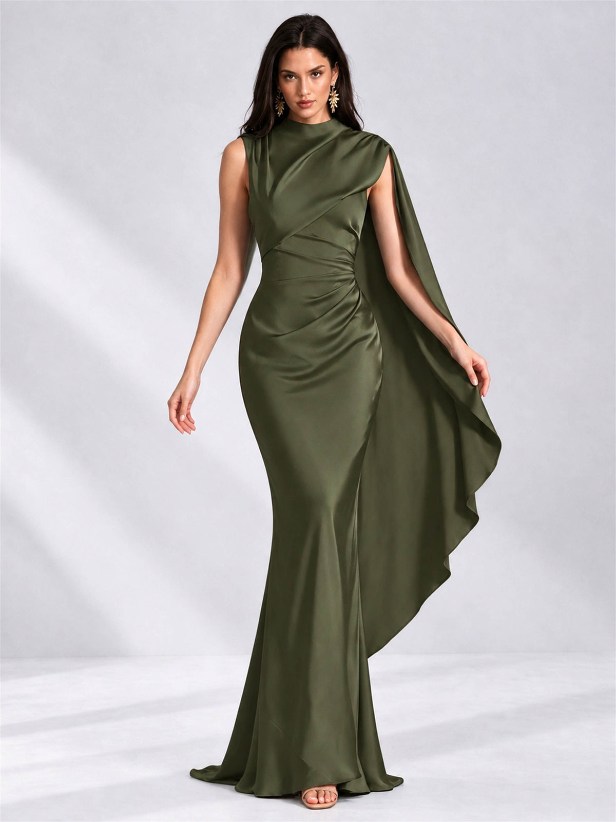 High Neck Mermaid Satin Lace Up Back Wedding Guest Dress with Cape