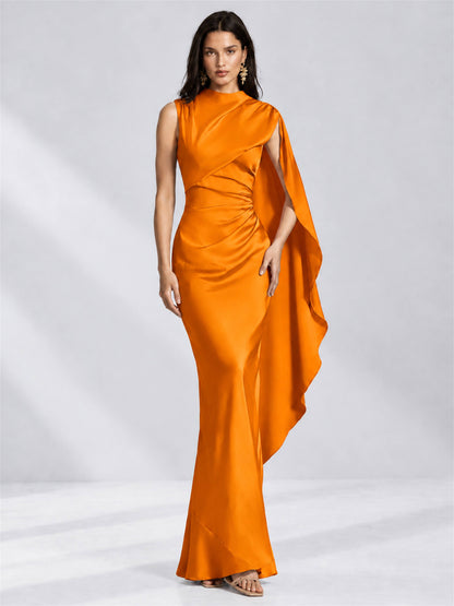 High Neck Mermaid Satin Lace Up Back Wedding Guest Dress with Cape