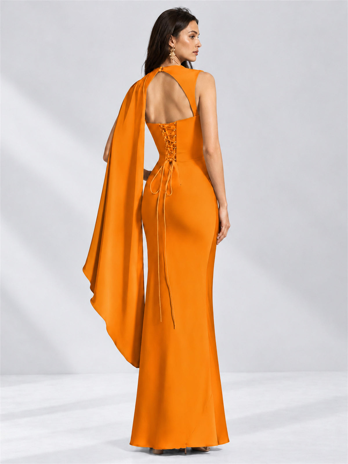 High Neck Mermaid Satin Lace Up Back Wedding Guest Dress with Cape