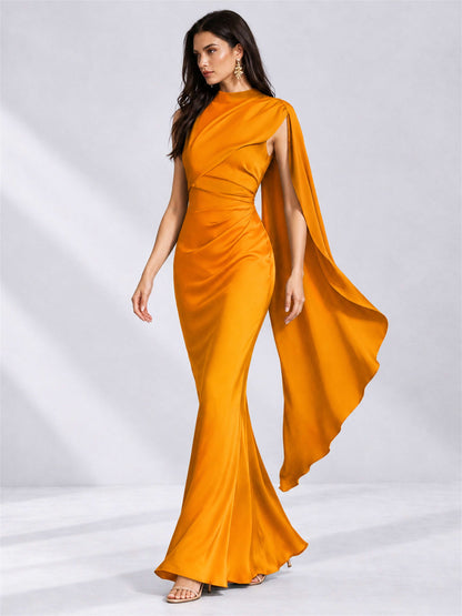 High Neck Mermaid Satin Lace Up Back Wedding Guest Dress with Cape