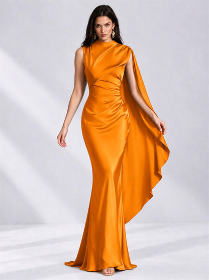 High Neck Mermaid Satin Lace Up Back Wedding Guest Dress with Cape