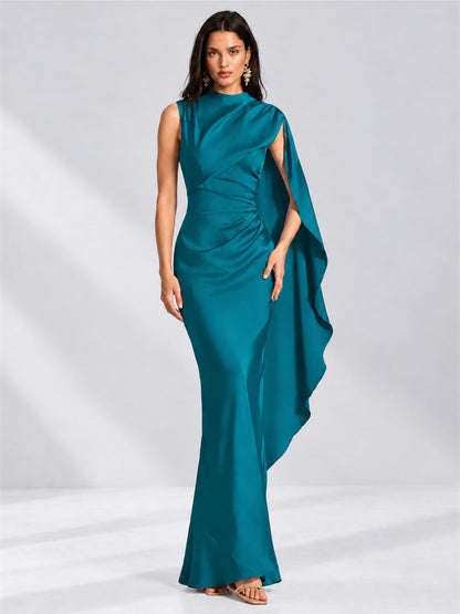 High Neck Mermaid Satin Lace Up Back Wedding Guest Dress with Cape