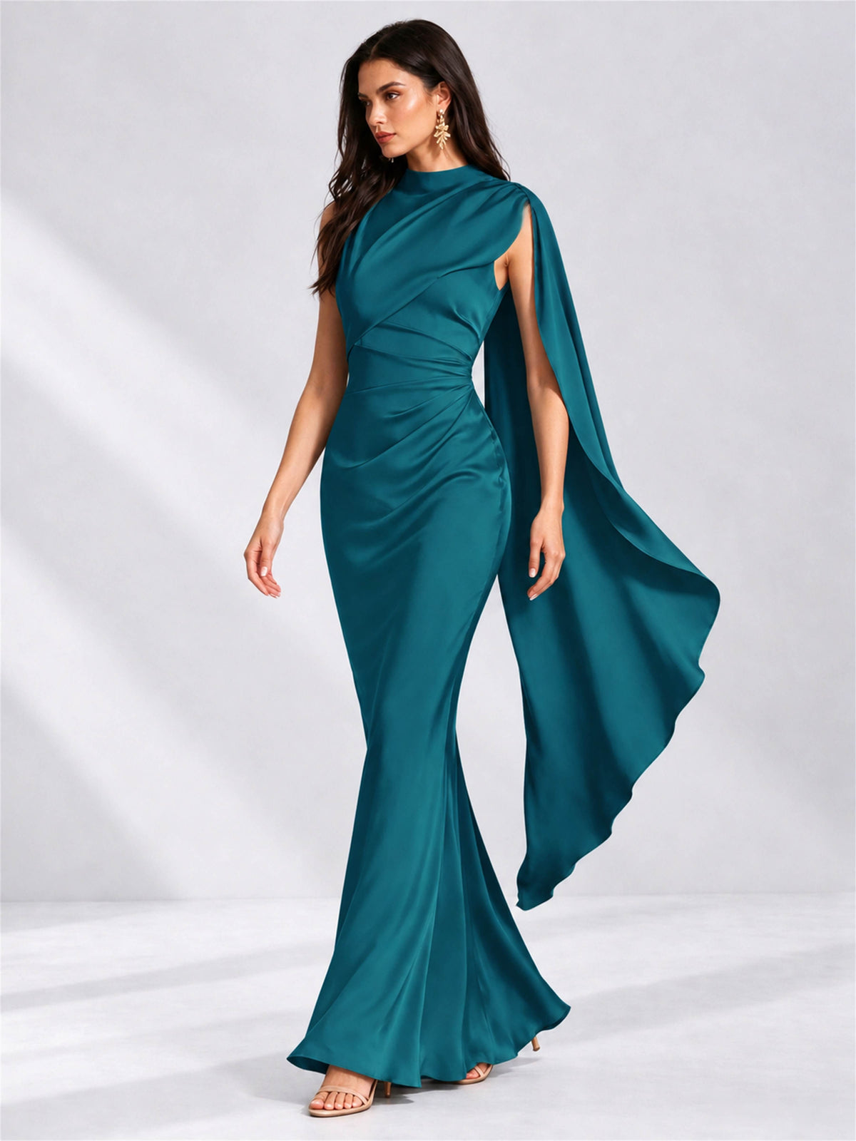 High Neck Mermaid Satin Lace Up Back Wedding Guest Dress with Cape