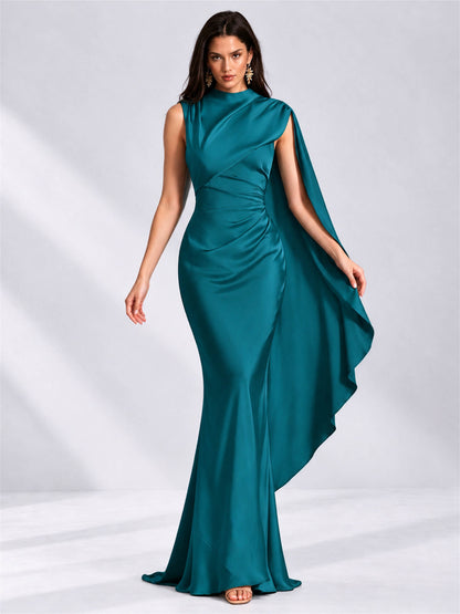 High Neck Mermaid Satin Lace Up Back Wedding Guest Dress with Cape