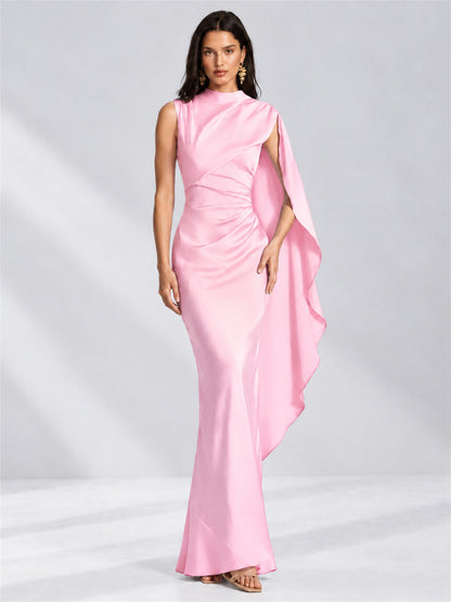 High Neck Mermaid Satin Lace Up Back Wedding Guest Dress with Cape