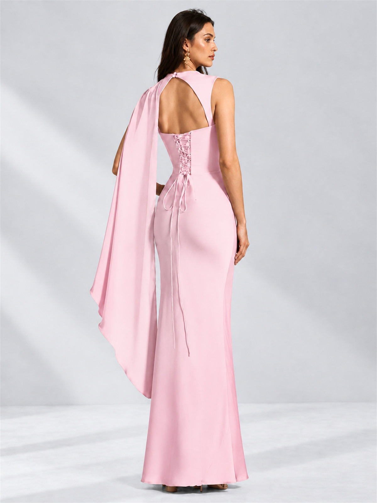 High Neck Mermaid Satin Lace Up Back Wedding Guest Dress with Cape