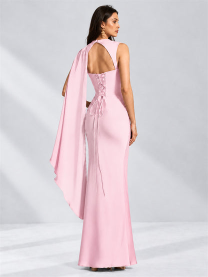 High Neck Mermaid Satin Lace Up Back Wedding Guest Dress with Cape