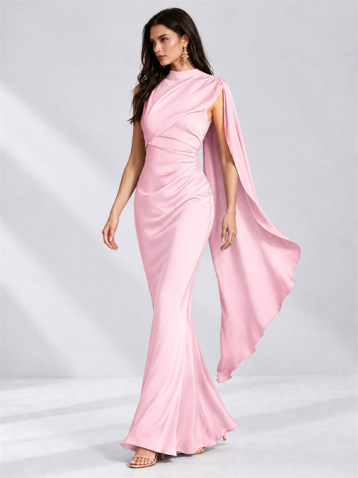 High Neck Mermaid Satin Lace Up Back Wedding Guest Dress with Cape