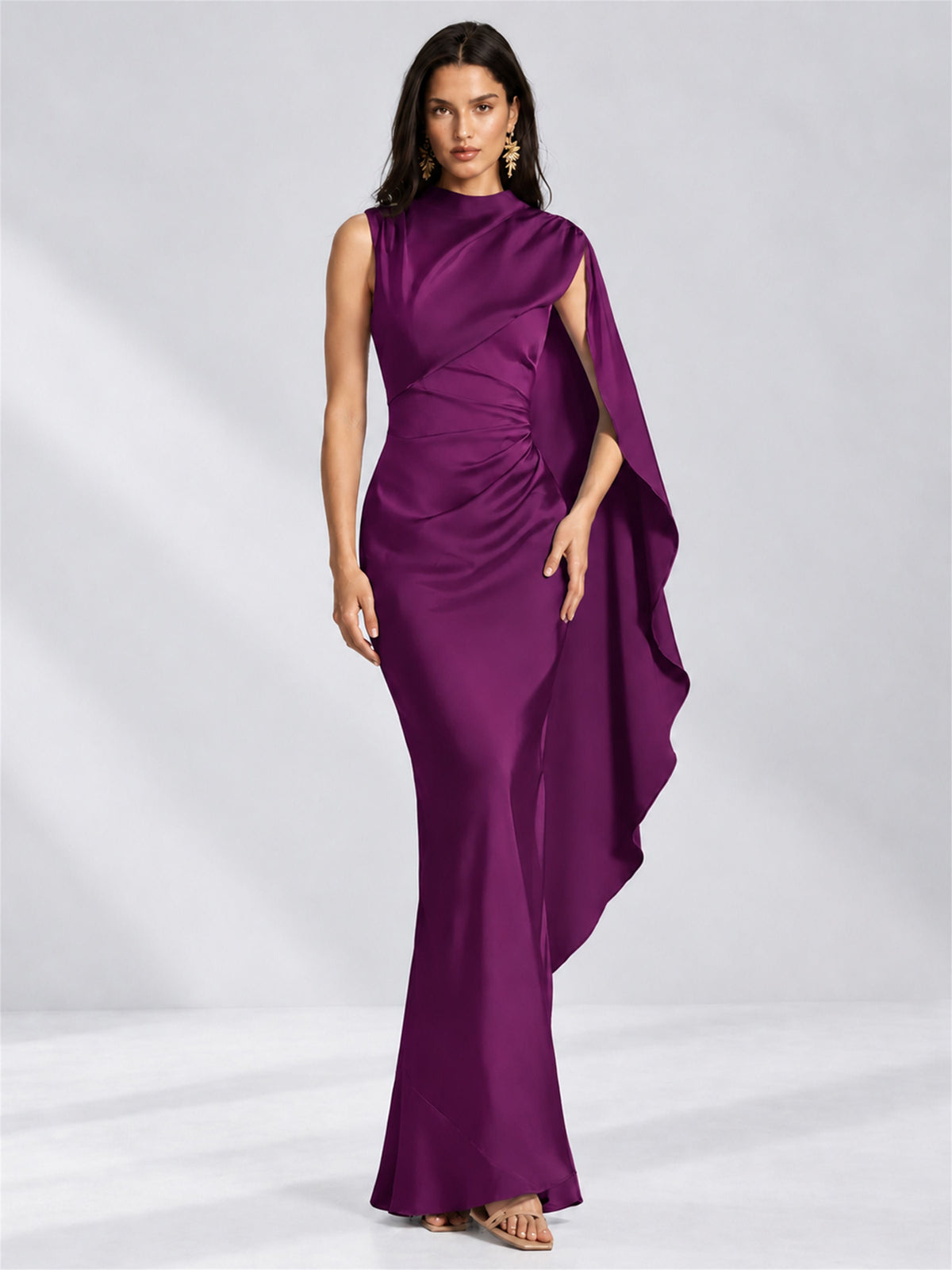 High Neck Mermaid Satin Lace Up Back Wedding Guest Dress with Cape
