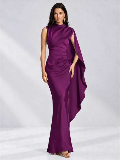High Neck Mermaid Satin Lace Up Back Wedding Guest Dress with Cape