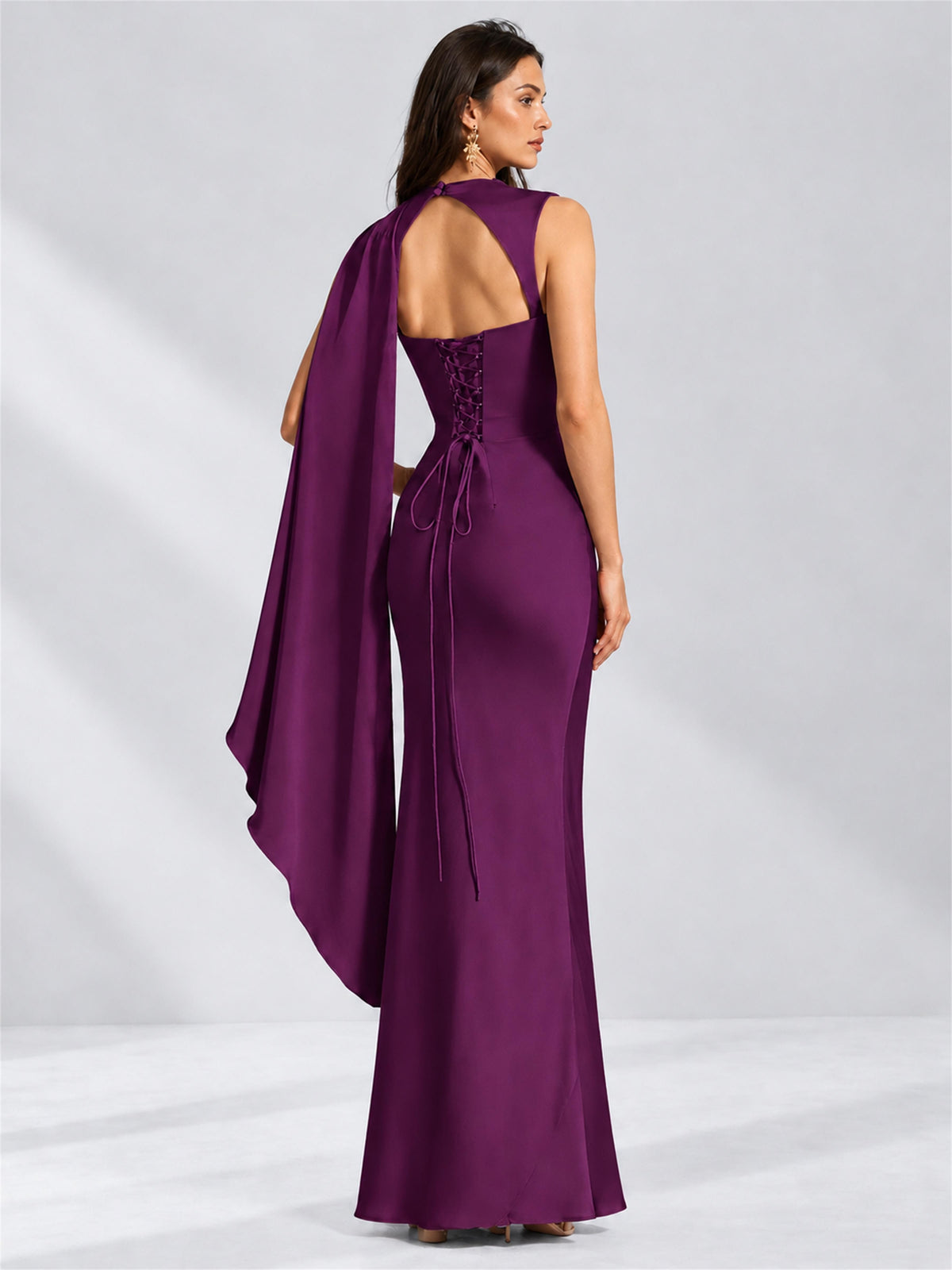 High Neck Mermaid Satin Lace Up Back Wedding Guest Dress with Cape