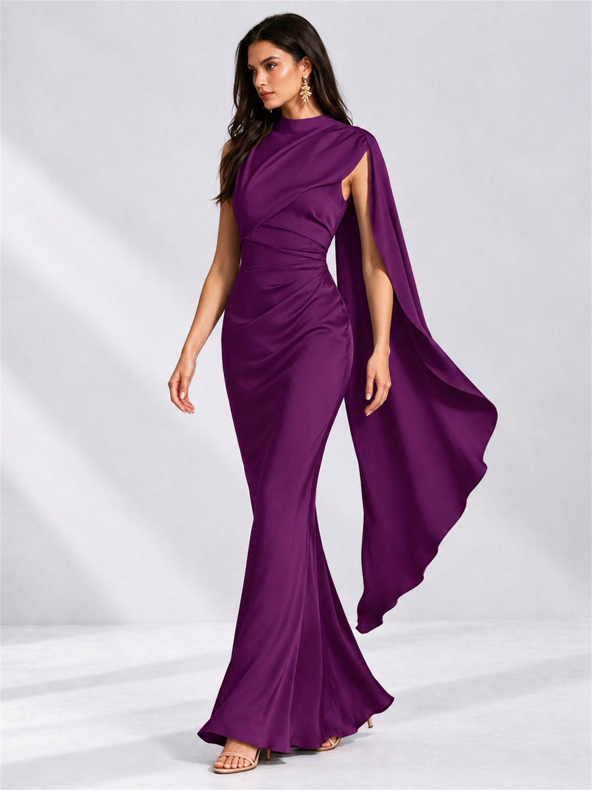 High Neck Mermaid Satin Lace Up Back Wedding Guest Dress with Cape