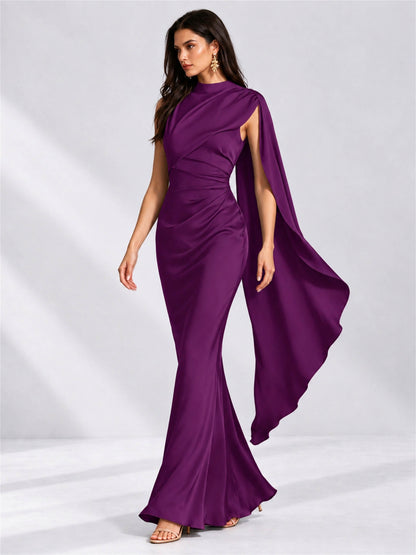 High Neck Mermaid Satin Lace Up Back Wedding Guest Dress with Cape