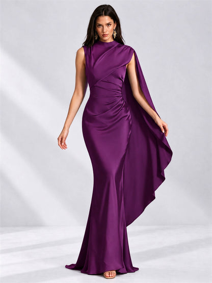 High Neck Mermaid Satin Lace Up Back Wedding Guest Dress with Cape